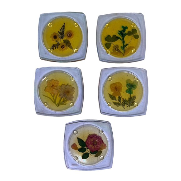 5 MCM ACRYLIC LUCITE FOOTED COASTERS WITH DRIED PRESSED FLOWERS - Picture 2 of 9